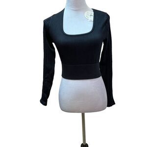 NWT Ribbed Knit Square Neck Long Sleeve Top Braided Sleeve Detail